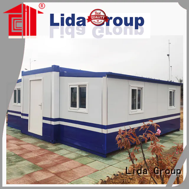 Lida Group shipping container house inside factory used as kitchen, shower room